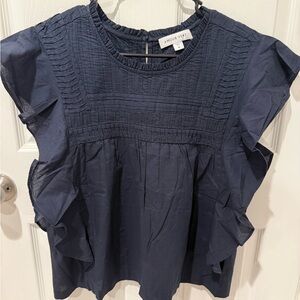 Amour Vert Navy Ruffle Sleeve Top